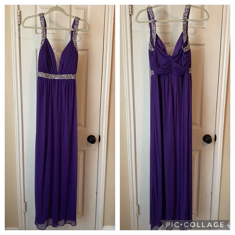 Jodi Kristopher purple floor-length ￼prom dress￼